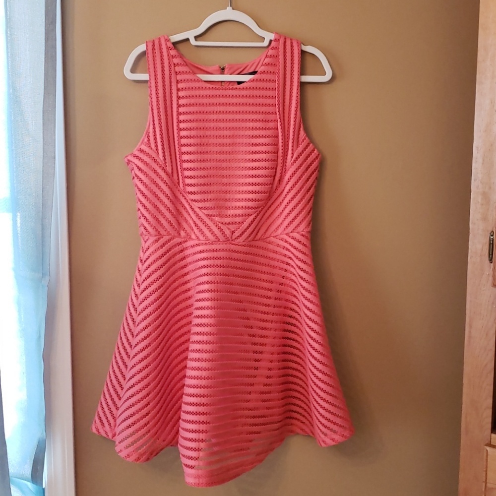 Coral, lined fit and flare mini dress